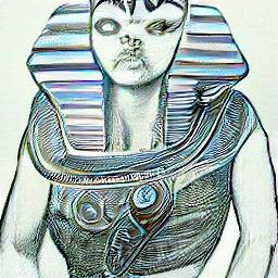 generated: A portrait of a metal statue of a pharaoh wearing steampunk glasses and a leather jacket over a white t-shirt that has a drawing of a space shuttle on it. #1